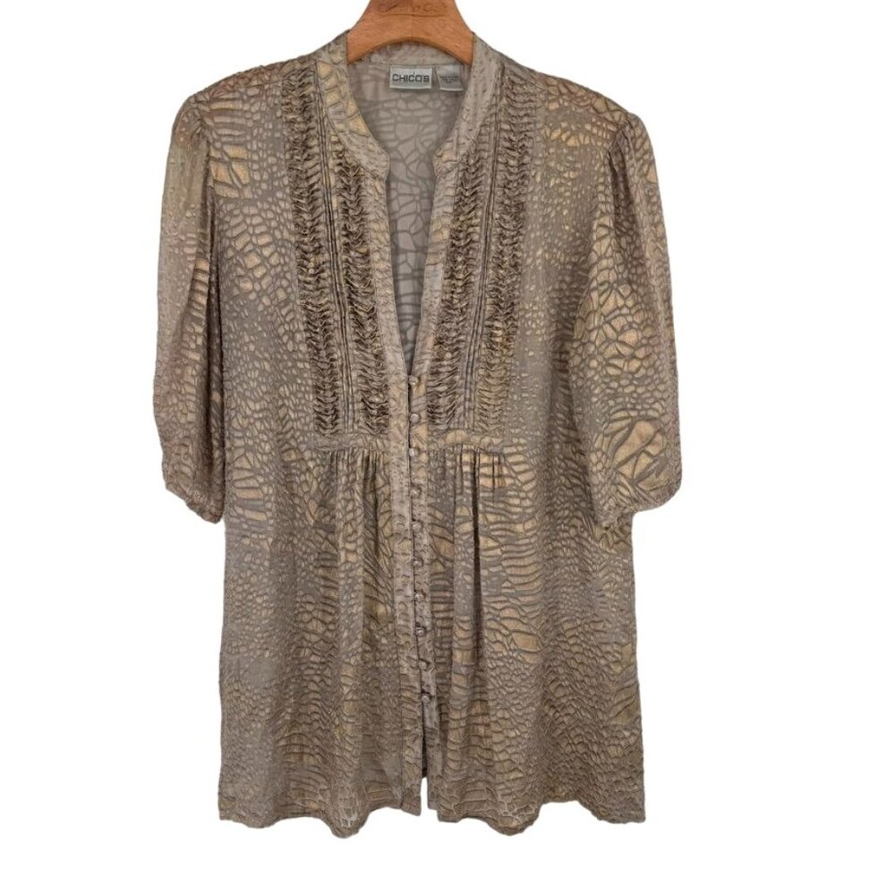 Chicos 1 Animal Print semi Sheer burnout Tunic 3/4 Sleeves Size medium Gold